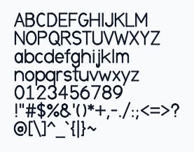 a specimen of the built-in font: uppercase, lowercase, digits and punctuation