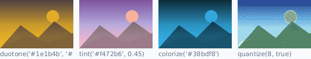 duotone, tint, colorize and a dithered eight-colour quantization