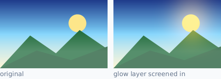 an image before and after a blurred glow layer is screened in