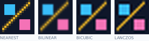 the four resampling filters compared on an enlarged sprite