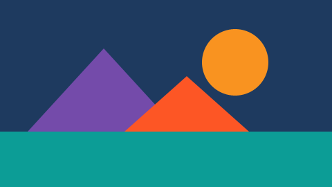 A poster in the four wing colours: an orange sun over purple and red mountains on a teal sea, under a navy sky.